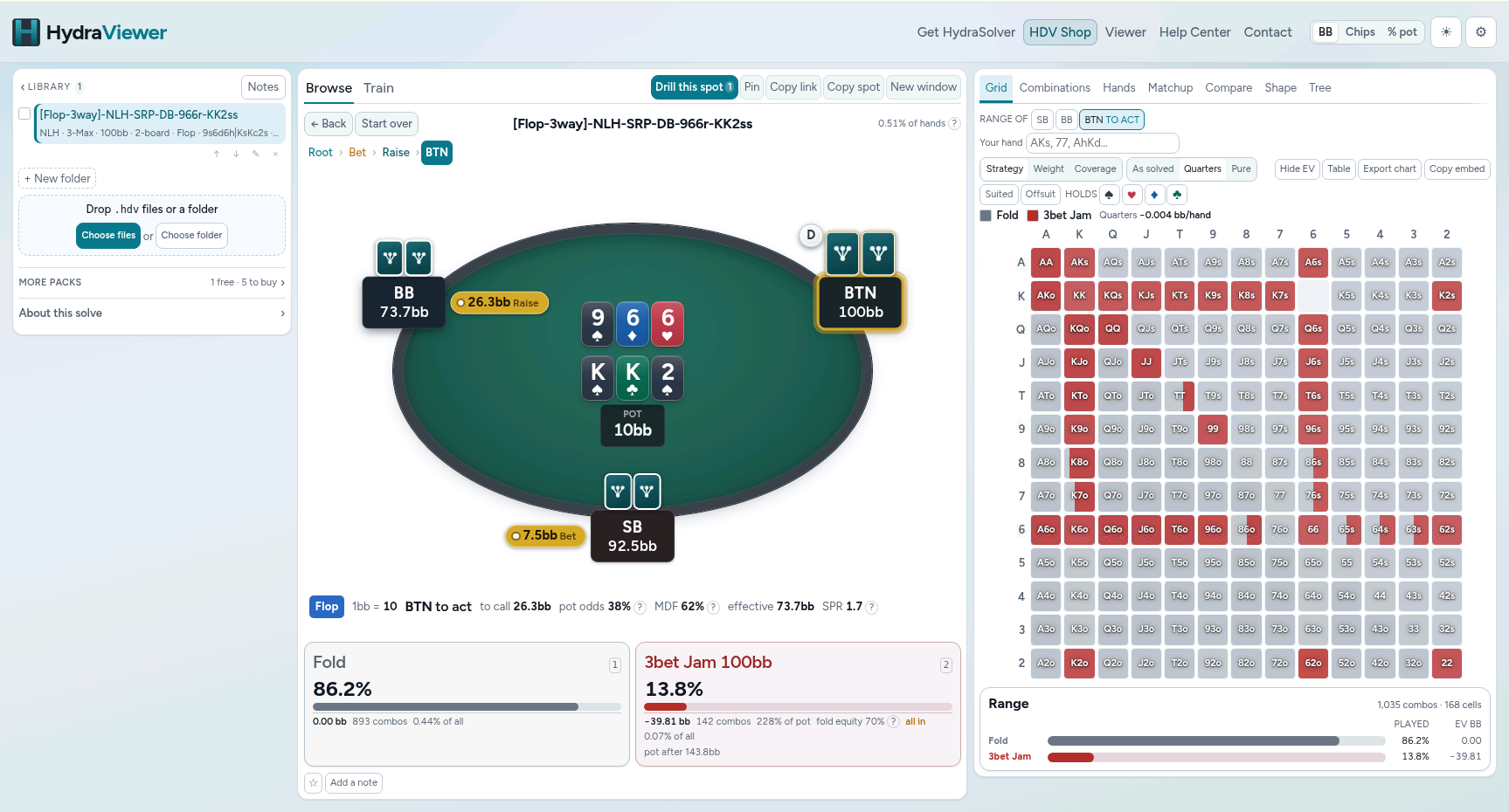 Tarayıcı sekmesinde açık HydraViewer. Solda paket kütüphanesi duruyor, ortada çuha bir masanın üzerinde üç kişilik bir No Limit Hold’em flop’u ve her koltuğun stack’i ile bahsi var, sağda ise tam bir 13×13 strateji ızgarası button’un fold ve 3-bet jam karışımını el el gösteriyor; altında kombinasyon sayısı ve EV yazıyor.